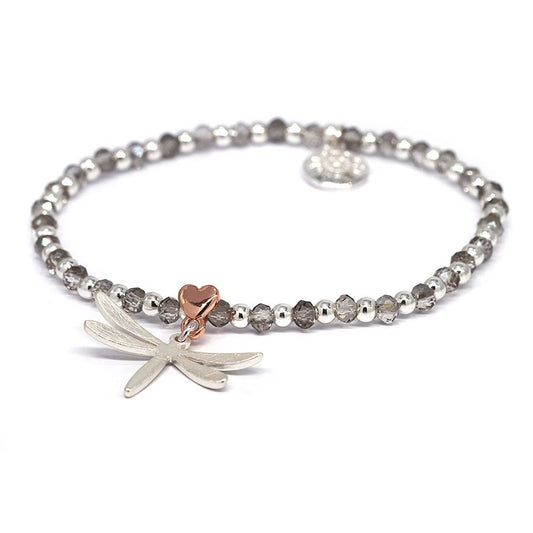 Crystal Bead Silver Plated Dragonfly Heart Bracelet